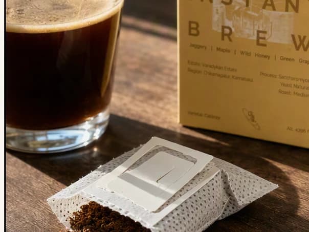 The Lot 89 Naturals coffee sachet and its kraft pack next to a poured cup, the same product carried through the whole Reel.