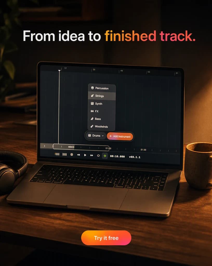 A laptop on a dark wood desk under warm evening light showing the Suno studio track editor, beside closed headphones and a mug, under a headline about going from idea to a finished track.