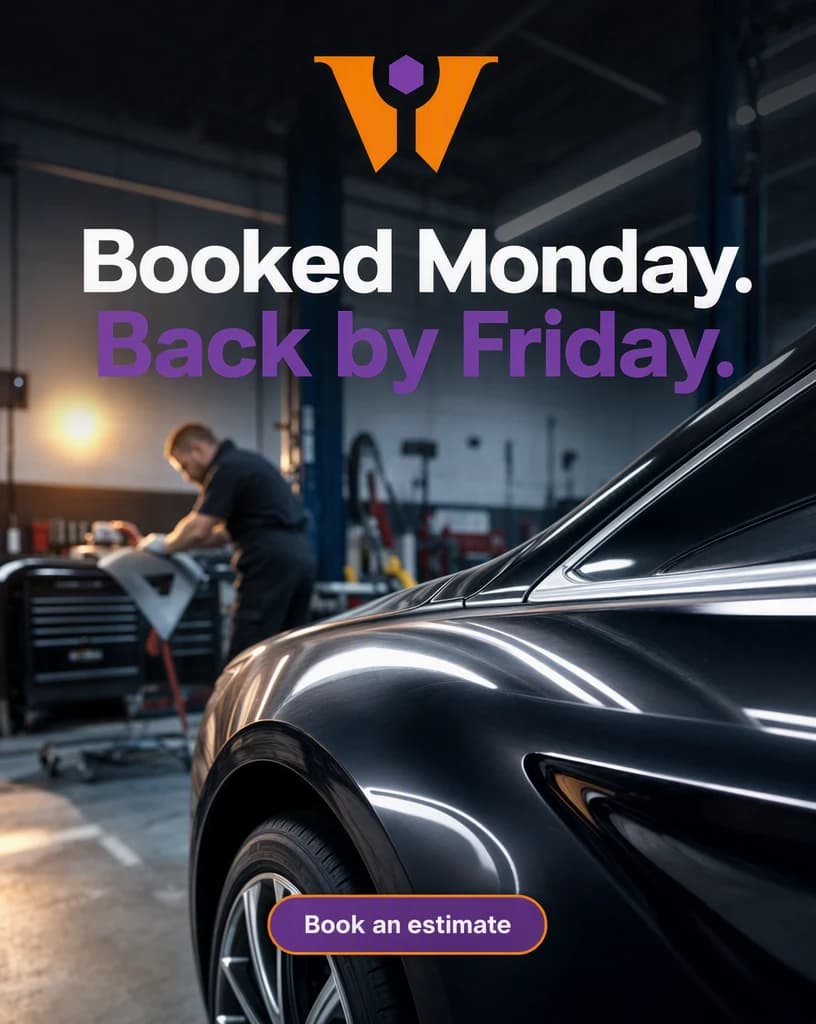 A freshly repaired car panel gleaming under overhead shop lights in a clean auto body workshop with a technician out of focus behind, under a headline about being booked Monday and back by Friday.