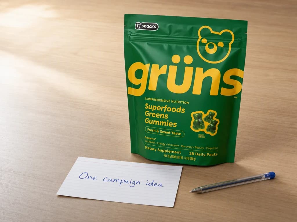 A Grüns pack on a plain light wood table beside a handwritten index card reading one campaign idea, with a pen resting next to it in soft daylight.