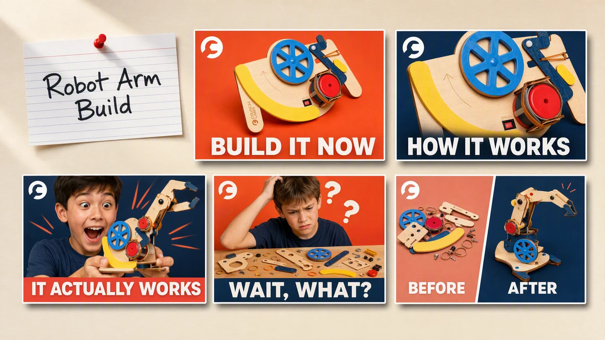 A handwritten Robot Arm Build idea note pinned beside five finished YouTube thumbnails for a build-it-yourself robot kit: two product-led, two face-led, and one before-and-after comparison.