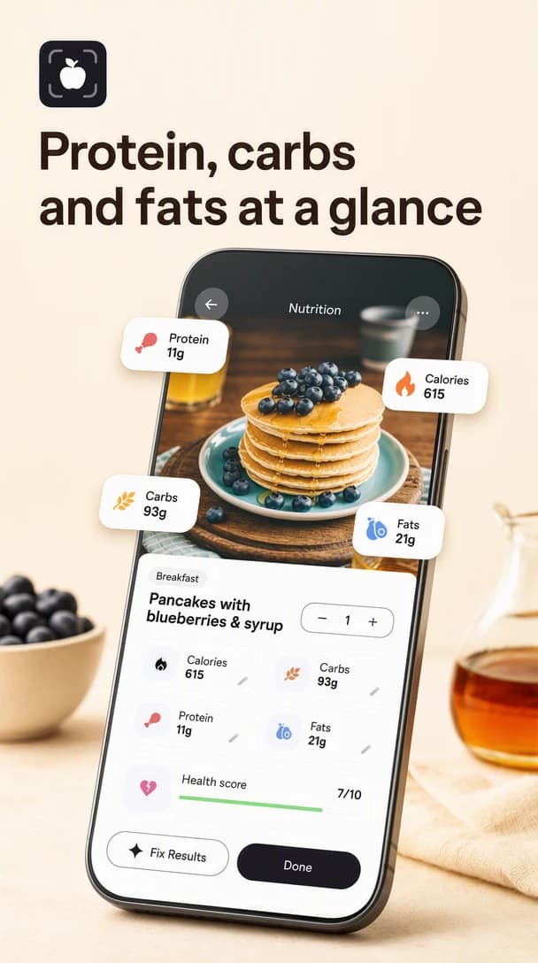 A cream store frame headlined “Protein, carbs and fats at a glance” above a phone showing a scanned plate with protein, carb, fat and calorie callouts.