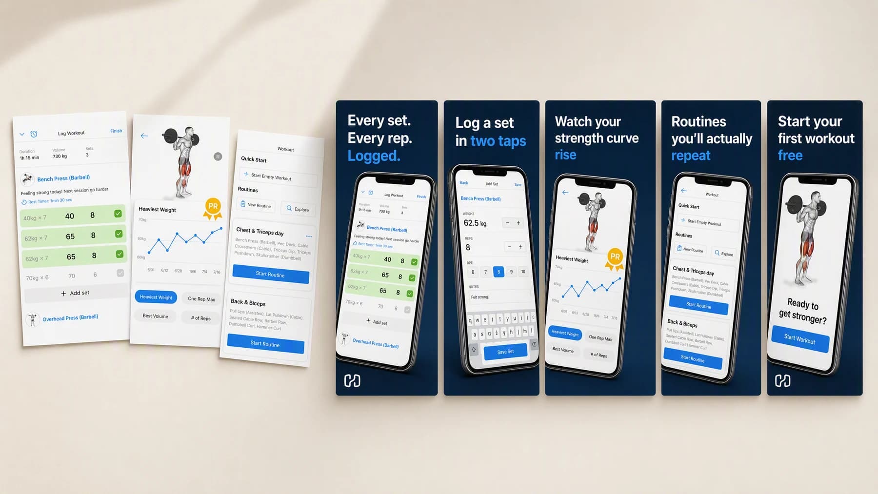 Three plain workout app screenshots lying loosely overlapped on a warm studio surface, next to a row of five finished navy marketing frames pairing a bold headline with an angled phone showing the same app.
