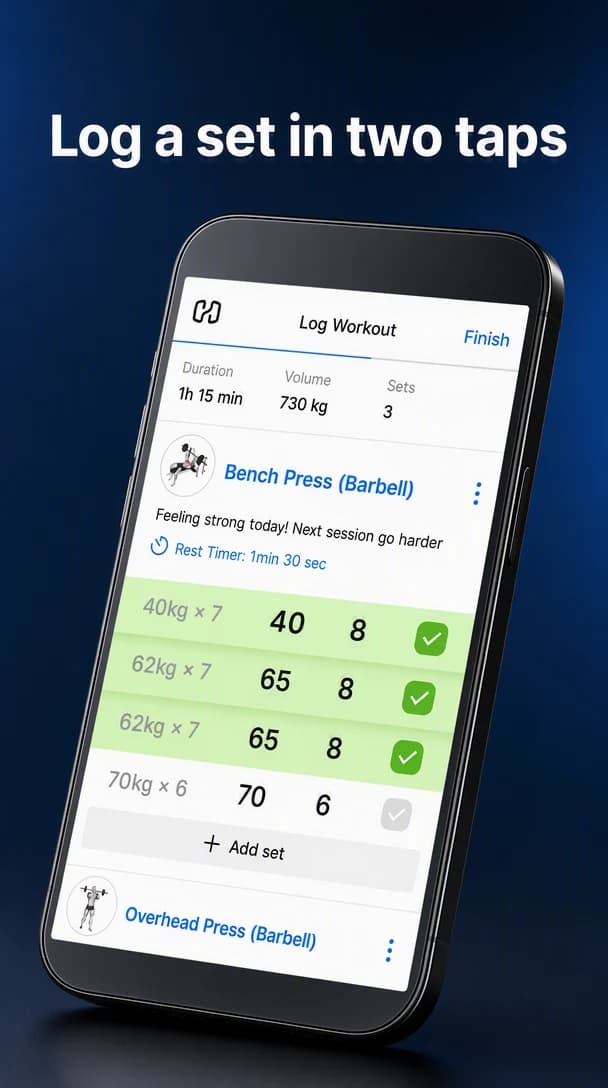 A navy store frame headlined “Log a set in two taps” above a phone showing a workout log with weight and rep entries and green checkmarks.