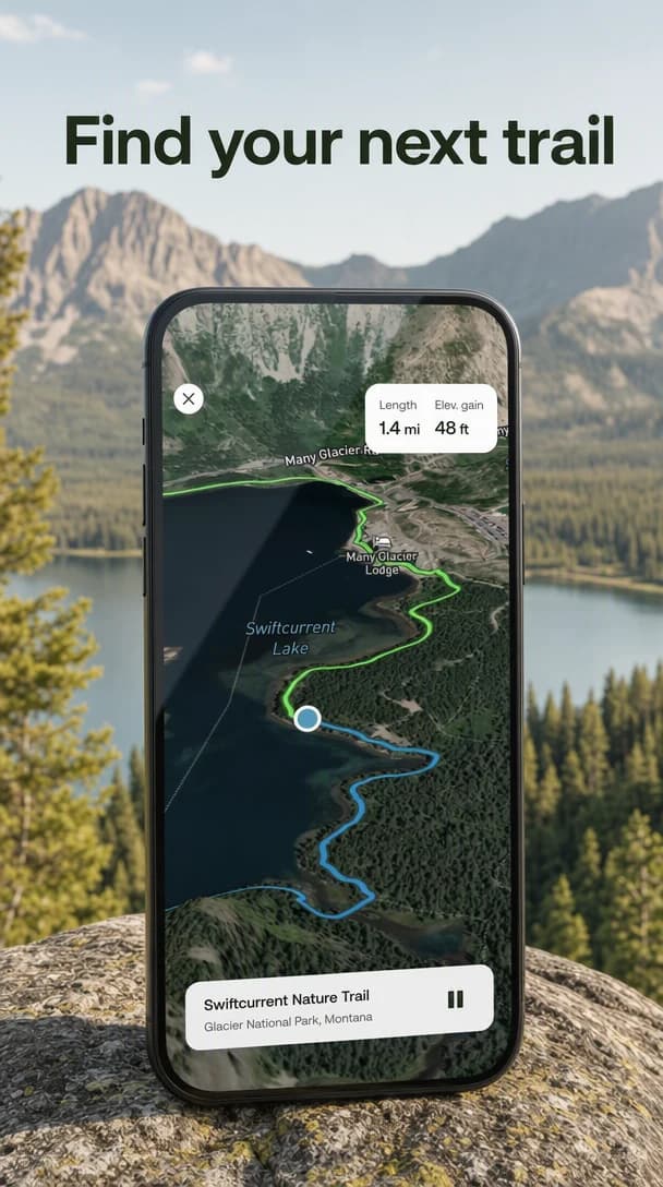 A store frame headlined “Find your next trail” above a phone propped on a rock, showing a trail map with a colored route around a lake, against a daylight mountain and forest backdrop.