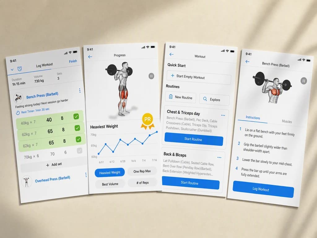 Four flat unstyled workout app screenshots, a log screen, a progress chart, a routines list and an exercise detail view, fanned on a warm neutral tabletop in soft daylight.