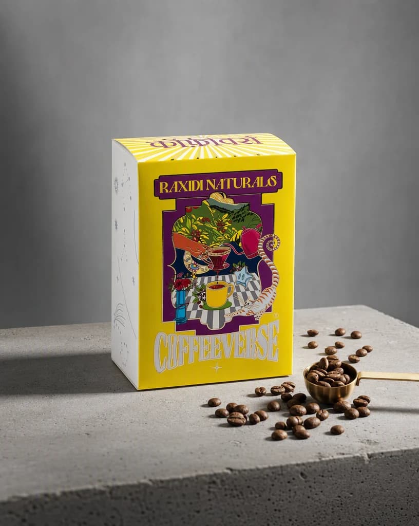 A yellow Coffeeverse Raxidi Naturals coffee box standing on a raw concrete counter beside scattered roasted beans and a small brass scoop under one hard side light.