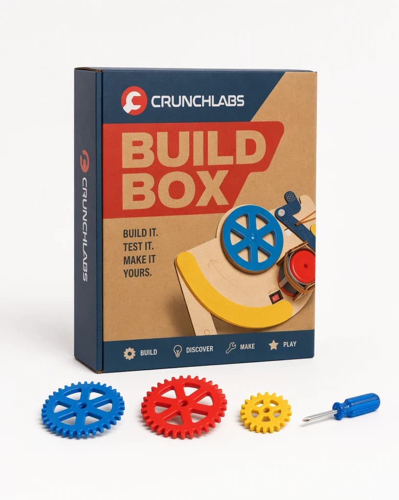 A CrunchLabs Build Box standing upright on a bright white studio sweep with a few loose plastic gears and a small screwdriver arranged in a line in front of it.