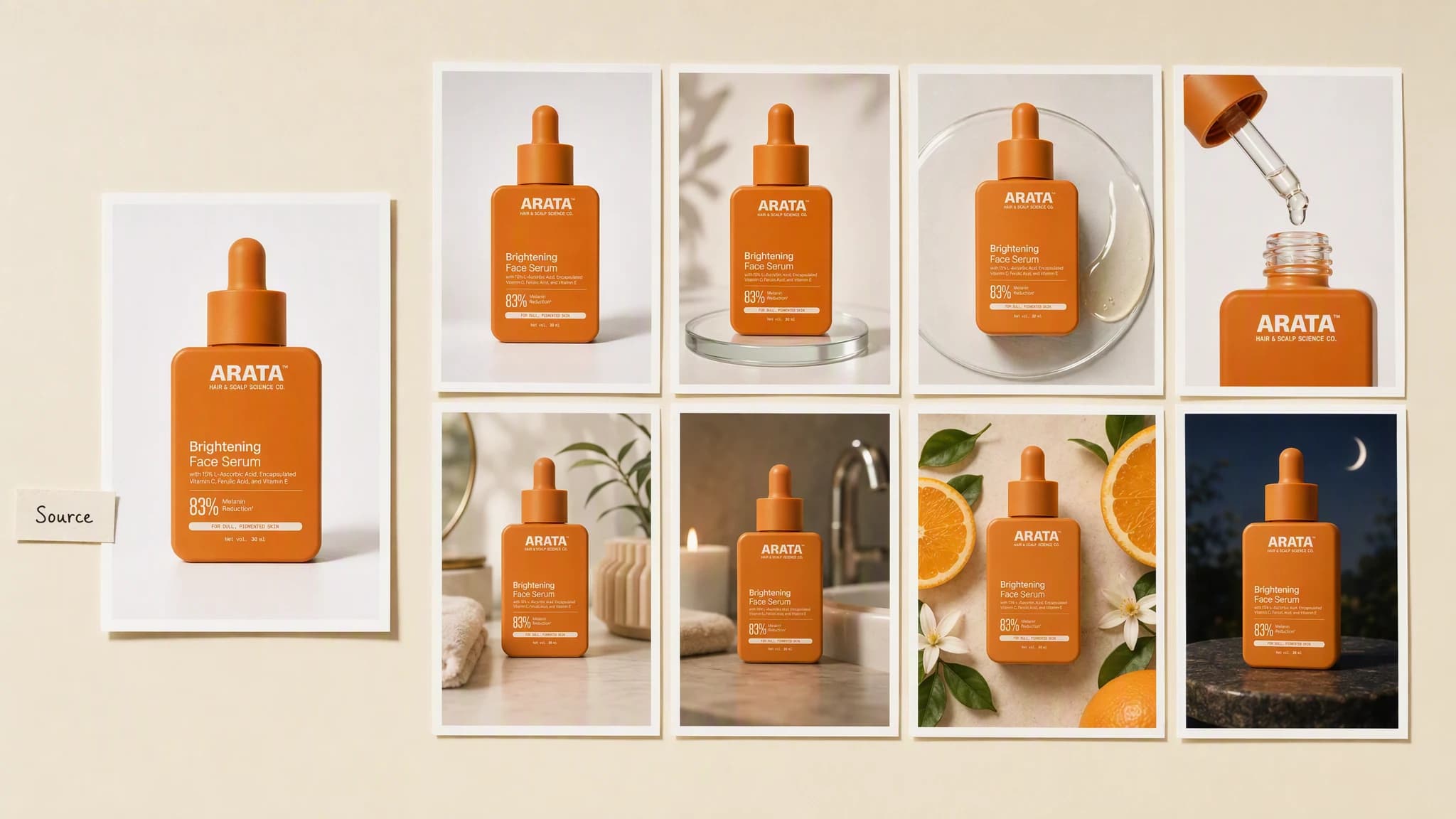 A proof sheet on a cream studio surface: one larger print of an orange serum bottle labeled as the source photo, beside eight smaller finished photographs of that same bottle laid out in a four by two grid, covering white sweep and glass plinth packshots, a serum swatch and a dropper thread, morning and evening routine scenes, and bright and dark campaign frames.