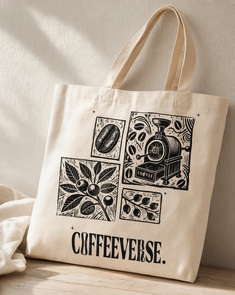 A cream canvas tote bag with a black block print coffee illustration, propped against a wall in daylight so the woven fabric texture reads clearly.