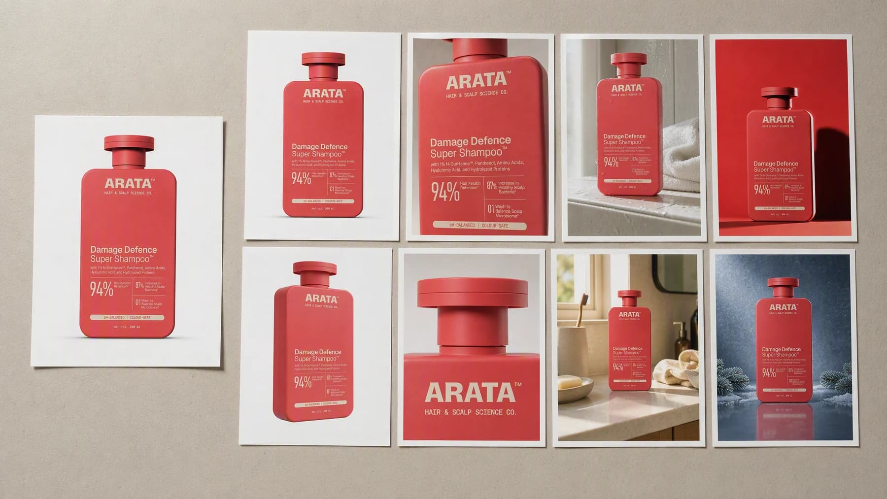 Nine photographic prints of the same coral red shampoo bottle laid out as one contact sheet on warm neutral paper: the plain source shot beside white listing frames, close label and cap crops, wet and sunlit bathroom scenes, and two campaign stills.