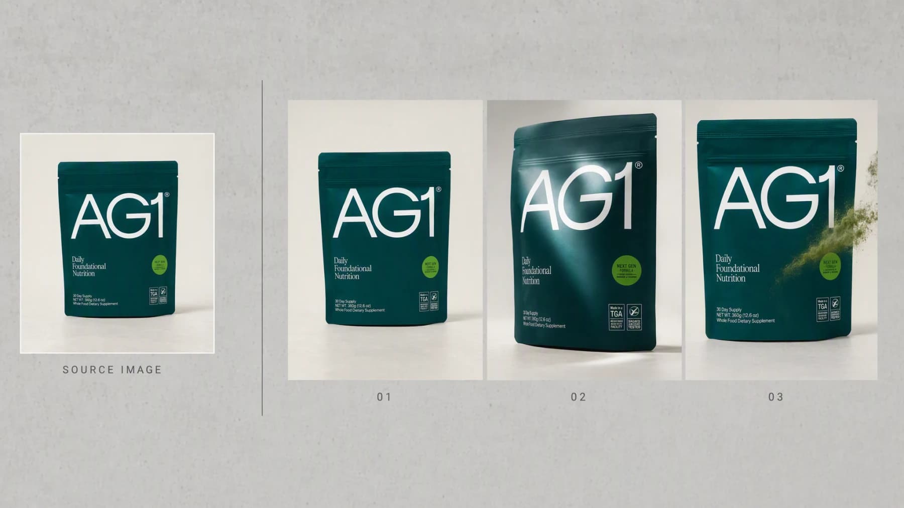 A still AG1 pouch photograph labeled as the source, next to three frames of the same pouch rotating as light sweeps across it.