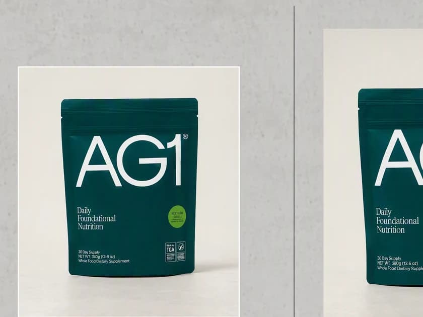 The still AG1 pouch photograph held next to the first generated frame of the same pouch.