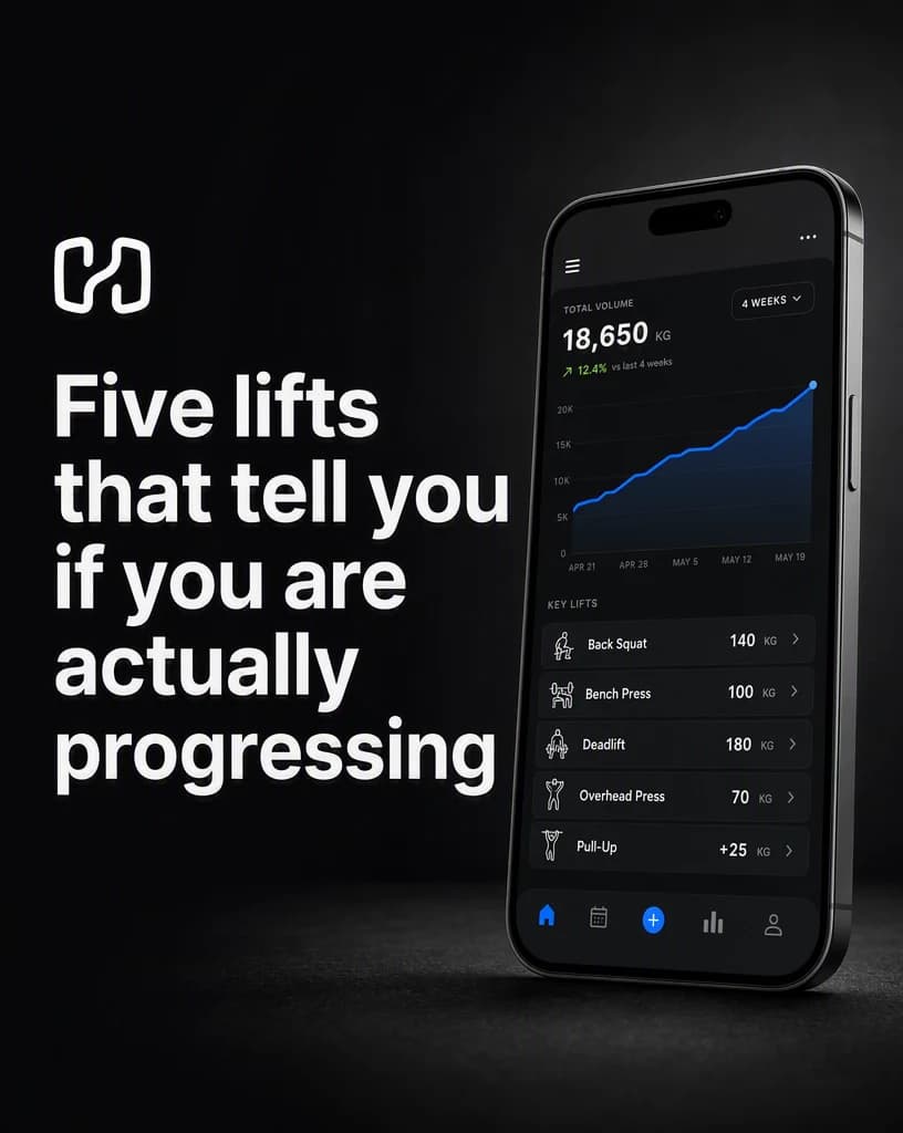 A dark Instagram carousel cover slide headlined “Five lifts that tell you if you are actually progressing”, with a phone showing a workout app's volume chart and lift list beside the type.