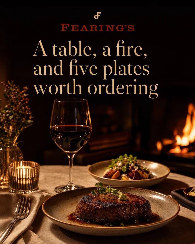 A candlelit Instagram carousel cover slide headlined “A table, a fire, and five plates worth ordering”, over a restaurant table set with a seared steak, a glass of wine and a fireplace behind it.
