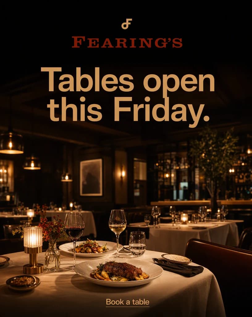 A post frame headlined “Tables open this Friday.”, showing a candlelit restaurant table set with plated dishes and wine in front of a warmly lit dining room, with “Book a table” along the bottom.