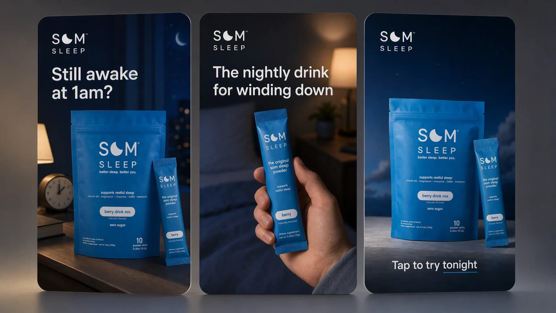 Three vertical Story frames standing side by side on a dark studio surface, moving from “Still awake at 1am?” to the sleep drink pouch held in hand, to “Tap to try tonight”.