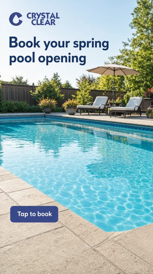 A vertical Story frame headlined “Book your spring pool opening”, over a sunlit backyard pool with lounge chairs and an umbrella on the deck, and a “Tap to book” prompt.