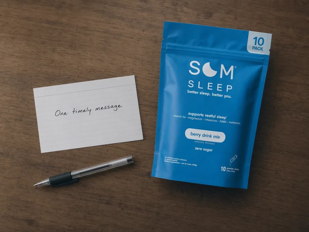 A blue sleep drink pouch lying on a wooden surface beside a plain index card handwritten with “One timely message”, with a pen next to it.