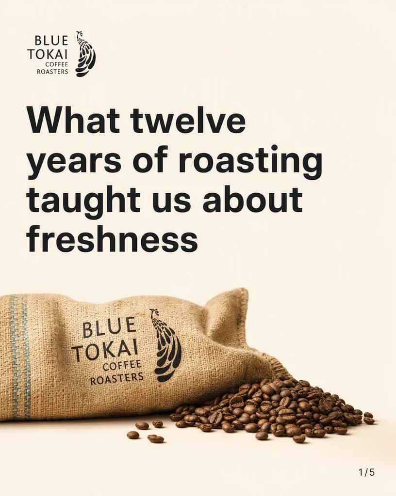 A cream LinkedIn document cover slide with the Blue Tokai wordmark, the headline “What twelve years of roasting taught us about freshness”, and a burlap coffee sack spilling roasted beans below it.