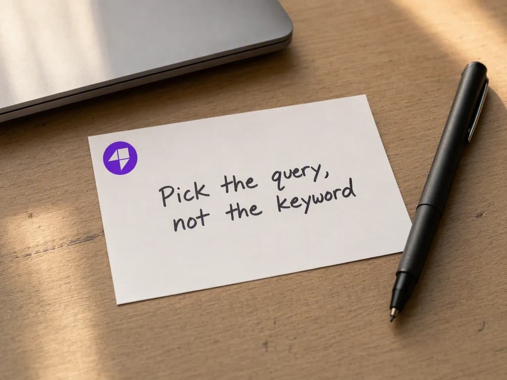 A plain index card on a wooden desk handwritten with “Pick the query, not the keyword”, a black pen beside it and the edge of a closed laptop in the corner.