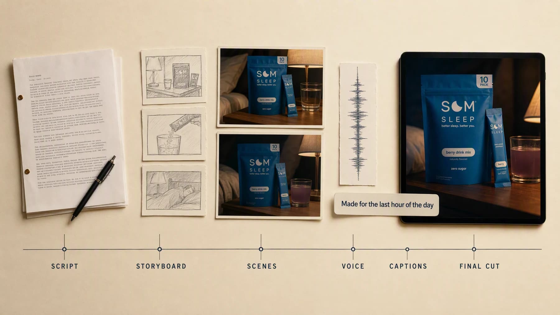 An overhead cream board running from a printed script and pen, through three pencil storyboard sketches, to two evening bedside photographs of a blue Som Sleep pouch and stick pack, a waveform strip, a caption bar, and a dark final frame, labeled script, storyboard, scenes, voice, captions and final cut.