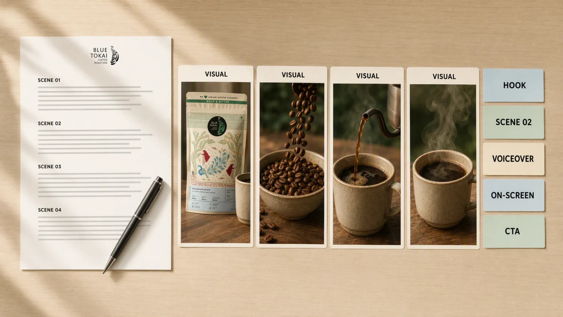 A cream production board showing a typed script page beside four scene cards of a coffee bag and mug, next to a labelled column reading hook, scene, voiceover, on-screen and CTA.
