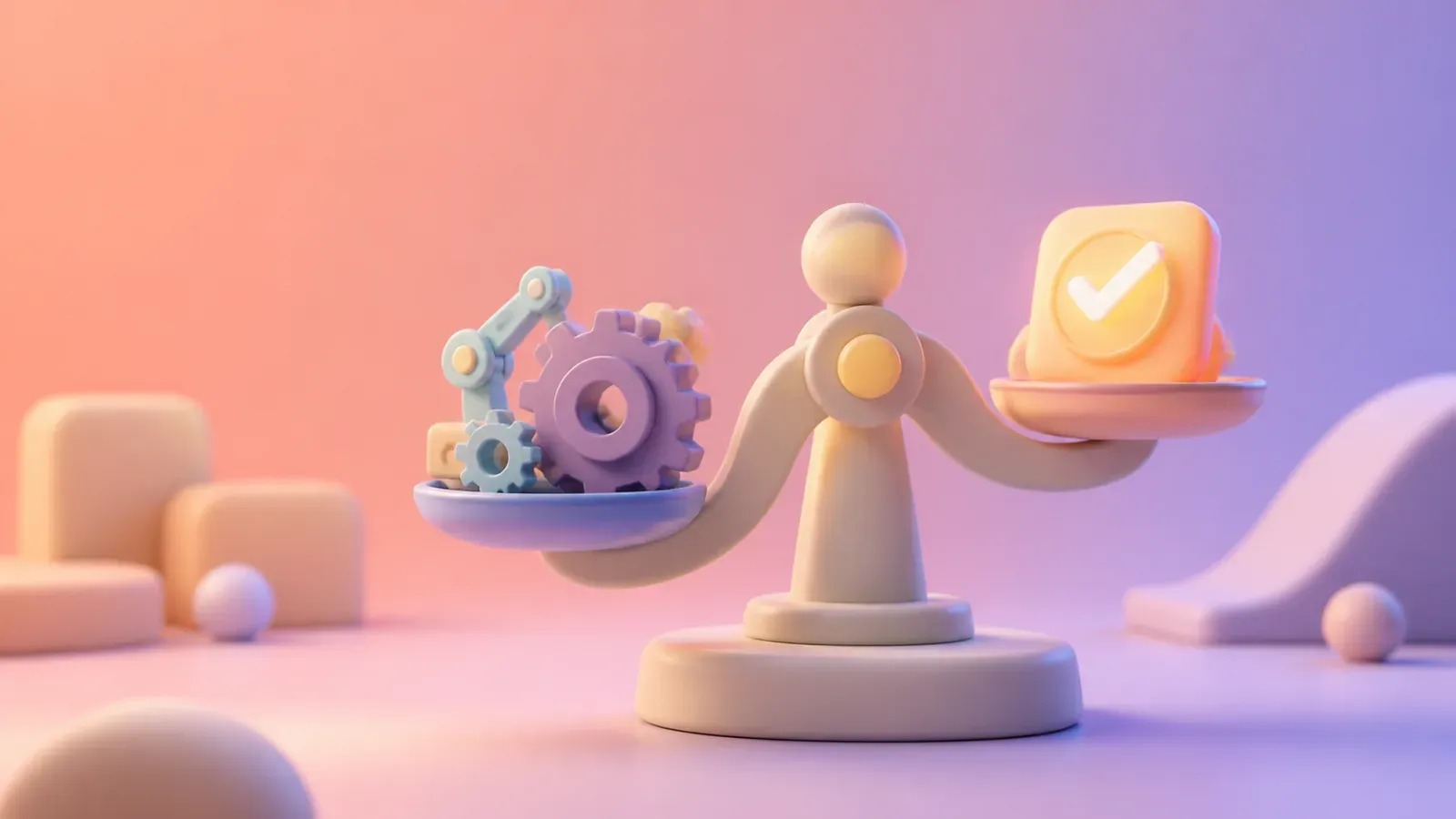 Pastel balance scale weighing automated production against human approval