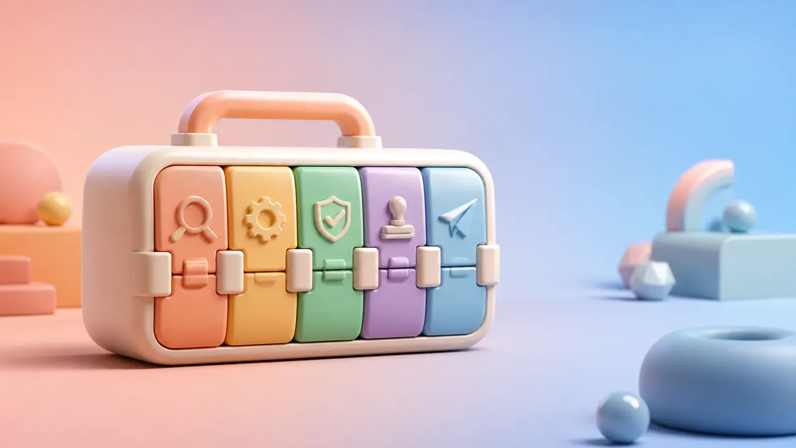 Pastel 3D toolkit representing reusable AI agent skills organized around a deliverable.
