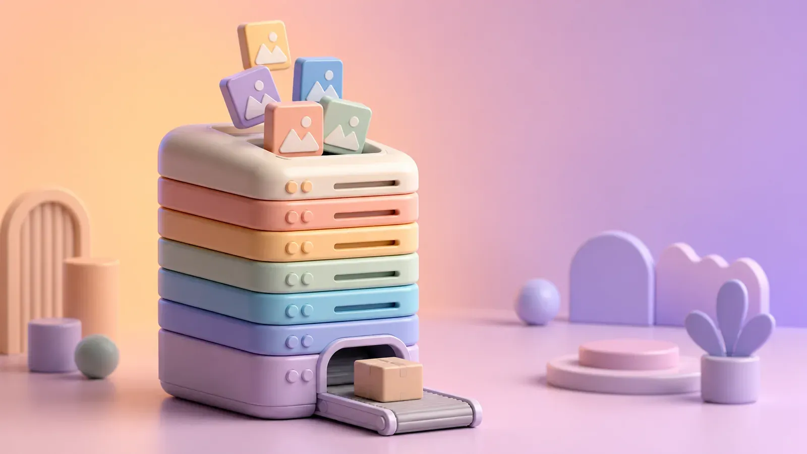 Pastel seven-layer creative machine turning source cards into one delivered package.