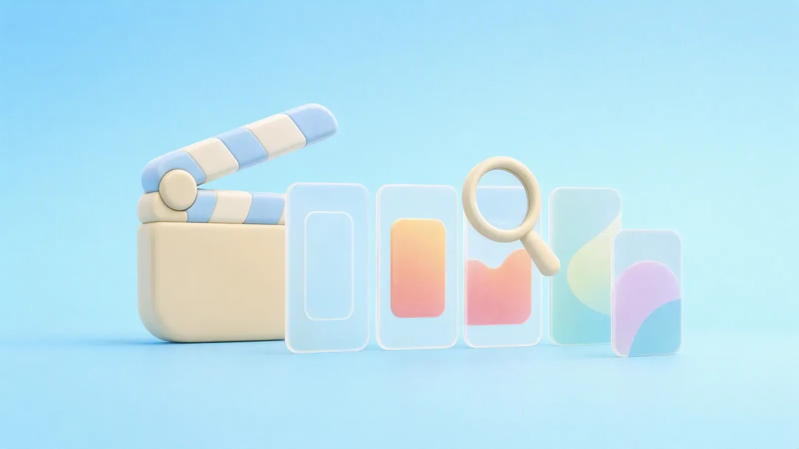 Rounded clapperboard, scene cards, and inspection lens representing AI commercial review