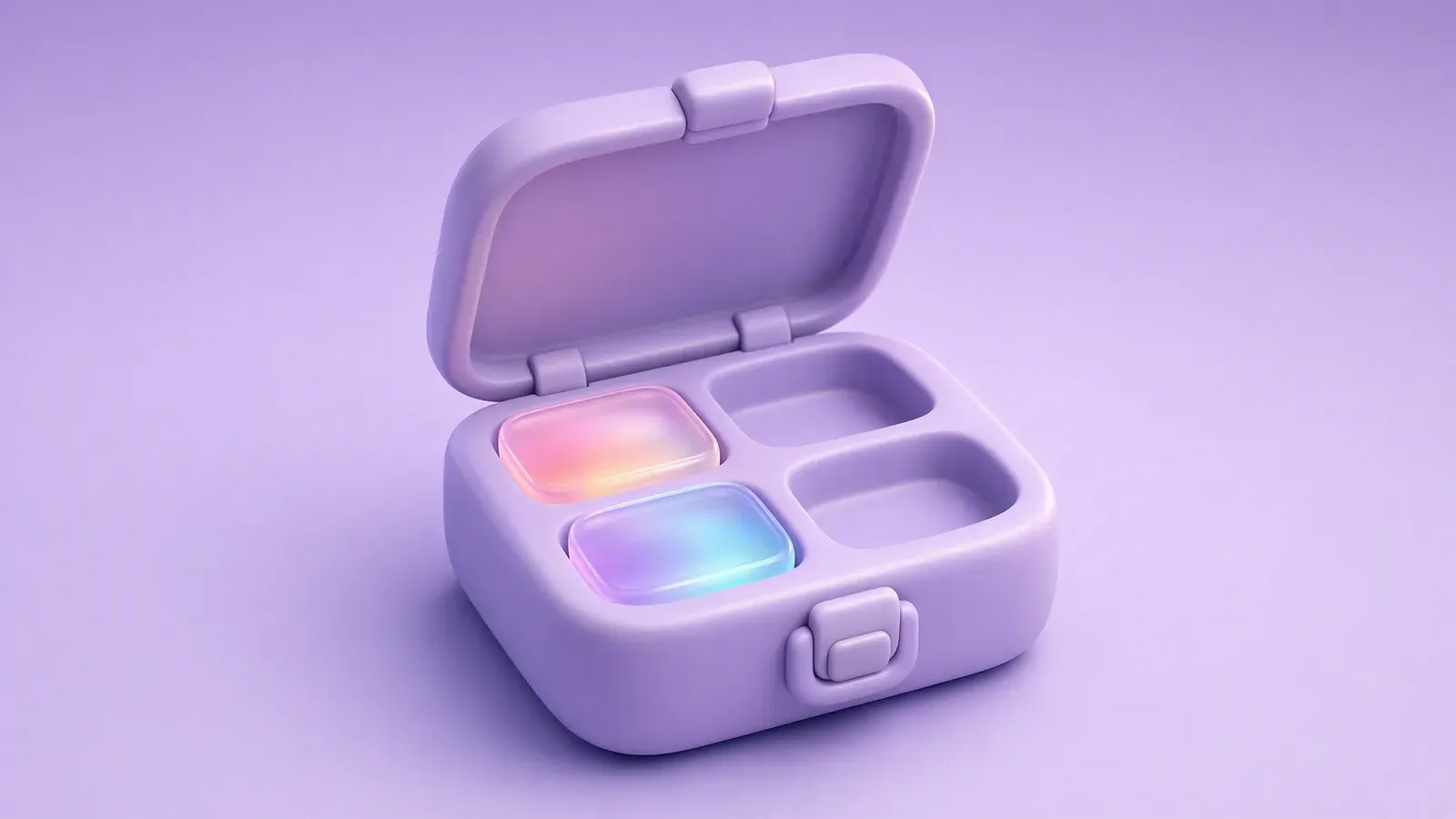 An open modular toolbox with four compartments, two holding glowing translucent glass tiles, on a lavender gradient background