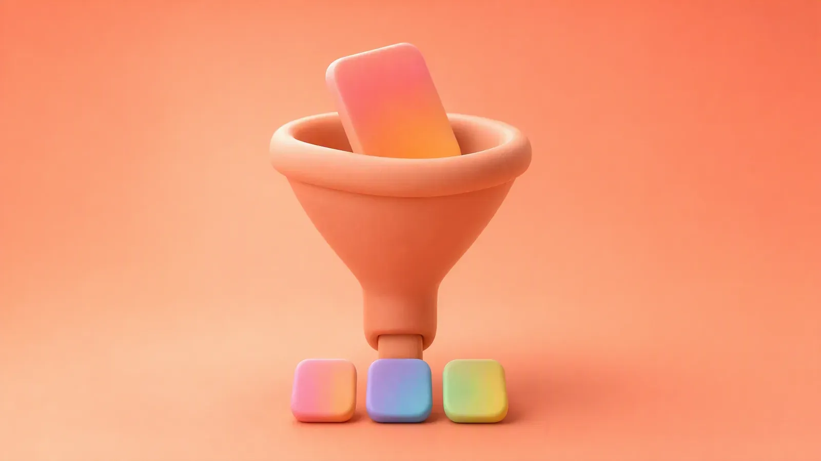 A rounded funnel receiving one card at its opening and releasing three small gradient tiles from its spout, representing raw sources turning into finished ad formats.
