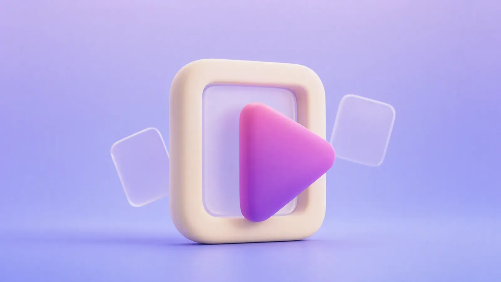 Editorial illustration of a single product photo card on the left flowing along a dotted arrow into four staggered video frames of the same product bottle on the right, with a play button and a timeline scrubber beneath.