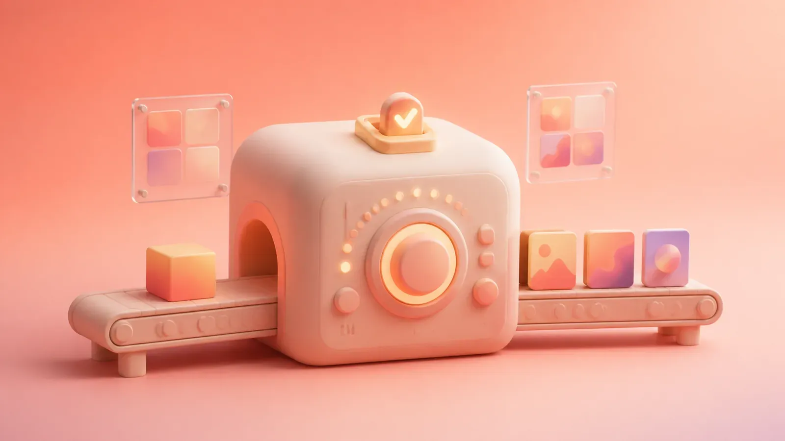 A rounded AI marketing workflow console turns product context into three creative assets with an approval switch