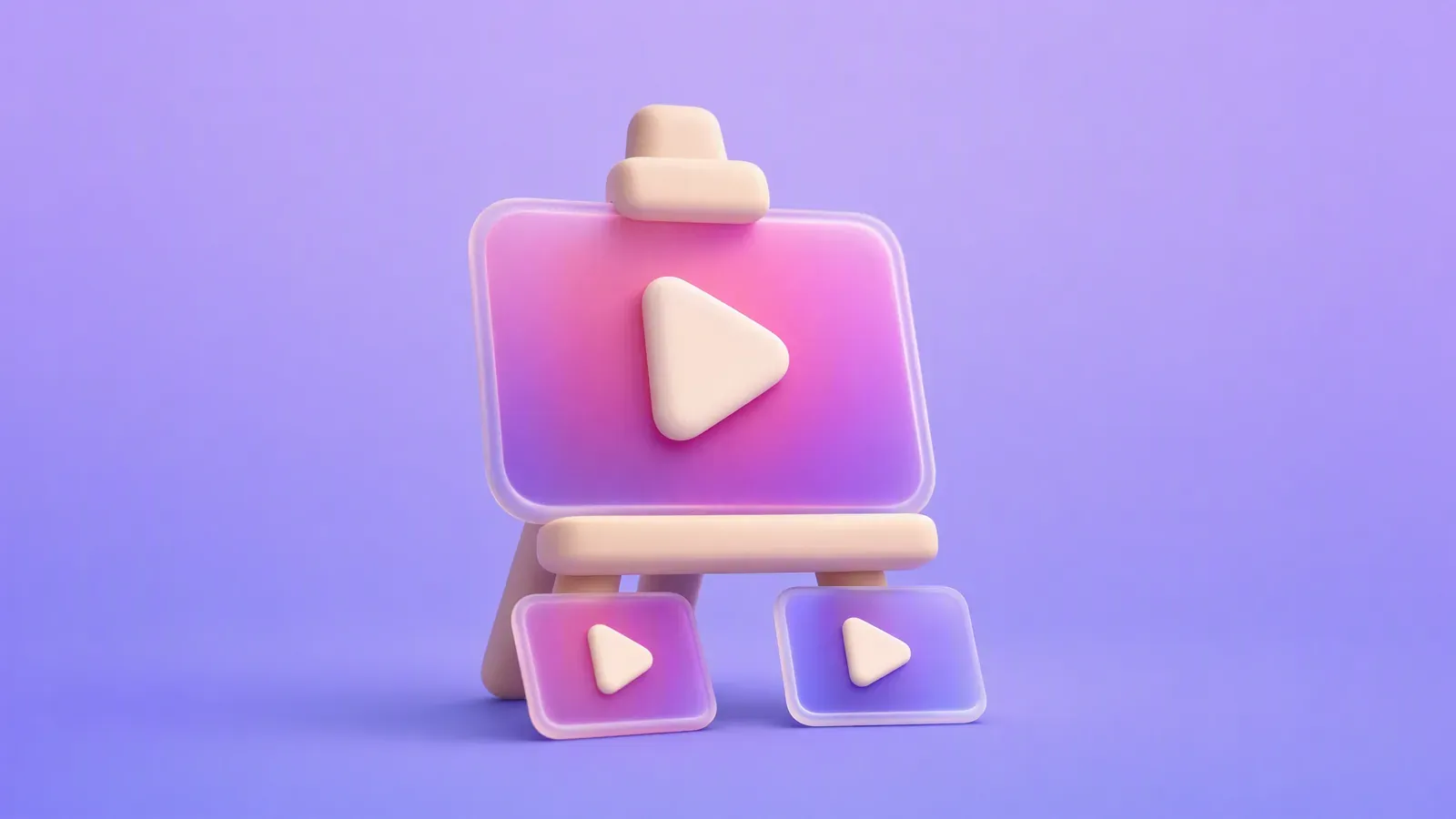 Editorial illustration of a product source card with a colour palette branching into a two-by-two grid of four differently composed thumbnail concepts, with one card lifted forward and marked as chosen.