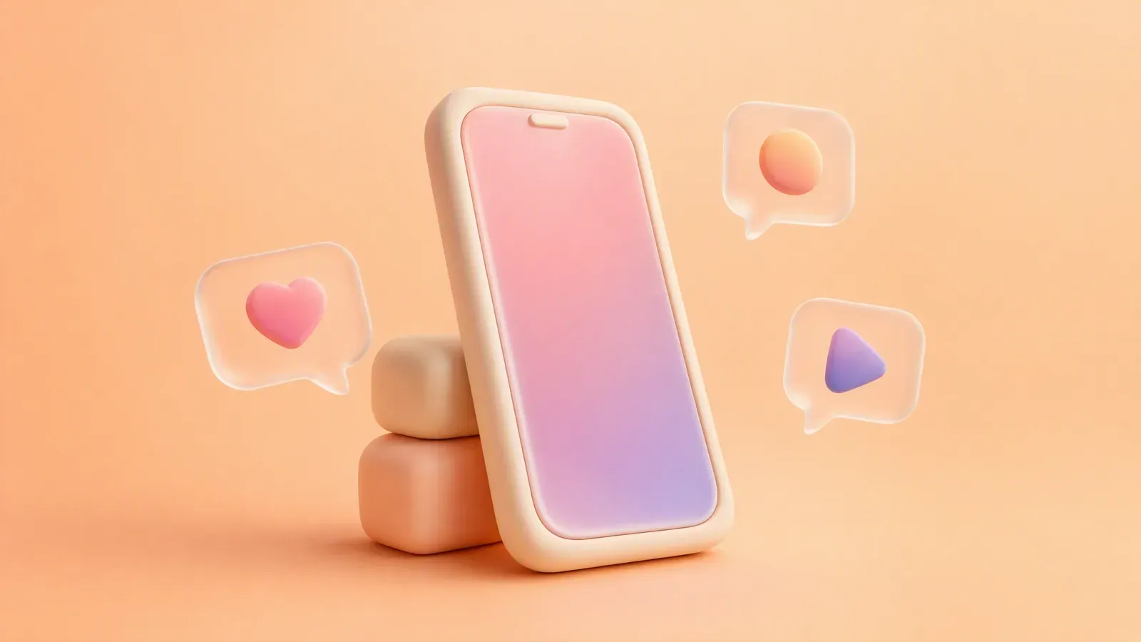 Editorial illustration of a website, storefront, and brand palette card feeding into a vertical phone frame where an illustrated creator holds a product to camera, with a caption bar and an approval checkmark.