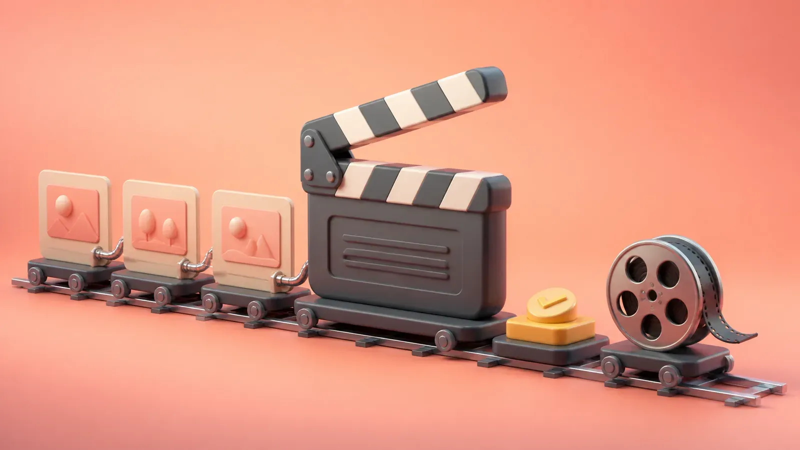 A clapperboard production line moves storyboard frames through an approval control into a film reel