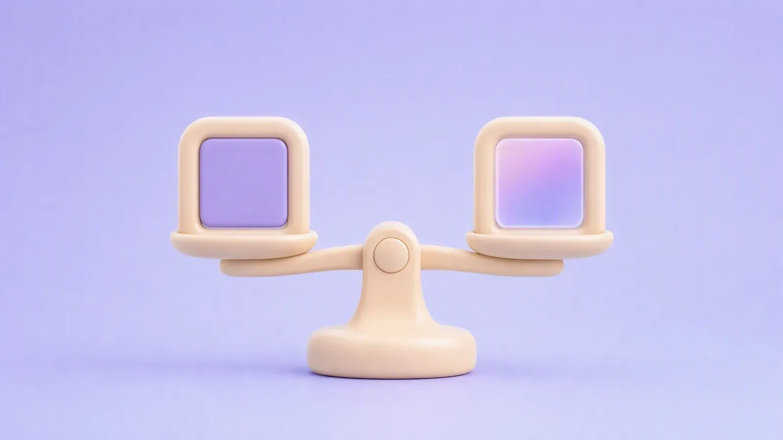 Cream clay balance scale with two framed tiles on a periwinkle background