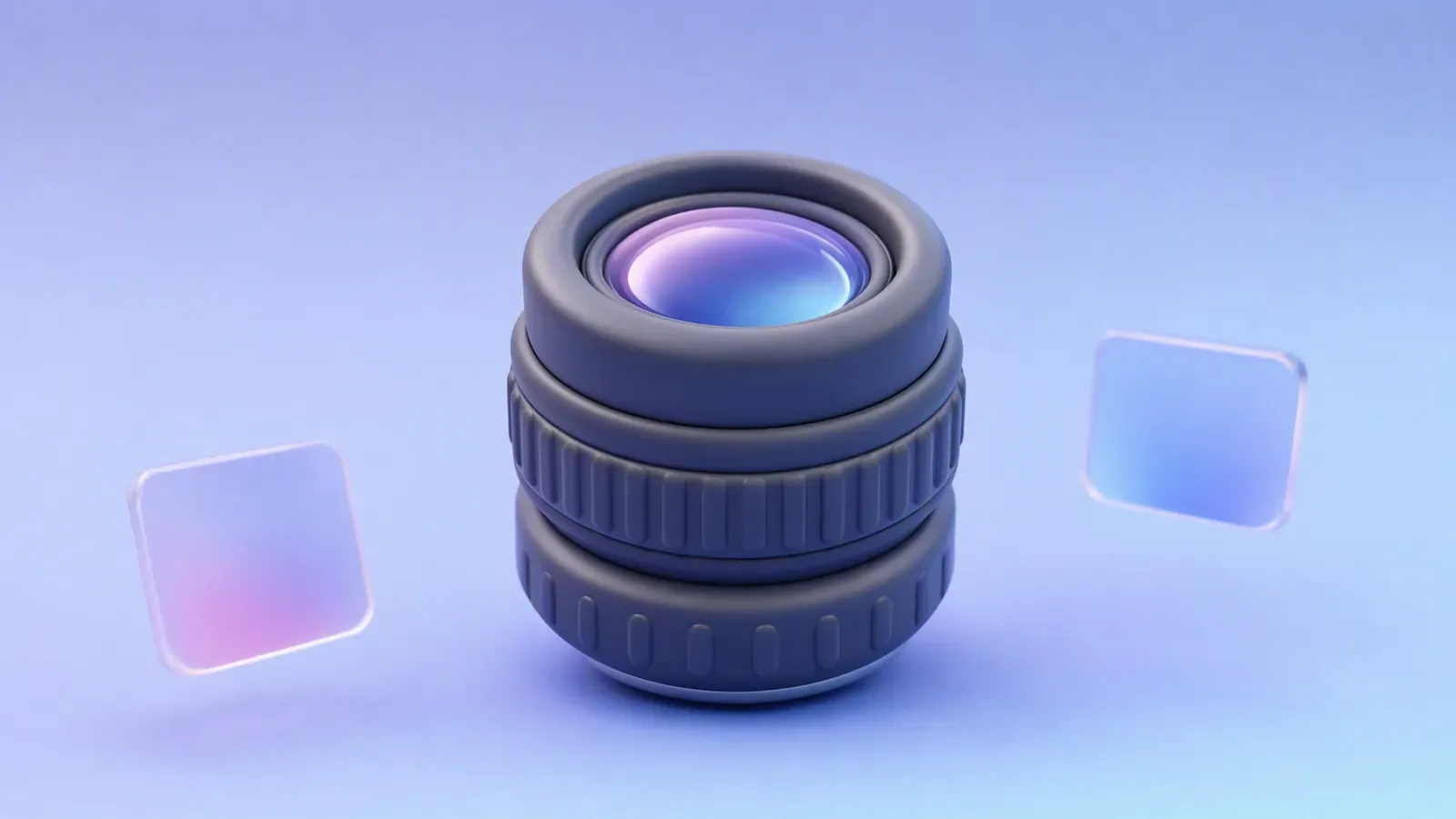 A rounded camera lens with floating gradient glass tiles on a periwinkle background, representing AI image generation for marketing