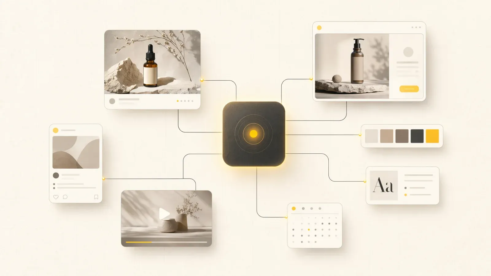 Editorial illustration of a brand creative engine connecting product visuals, ad cards, social posts, calendar blocks, and brand system elements around a central creative hub.
