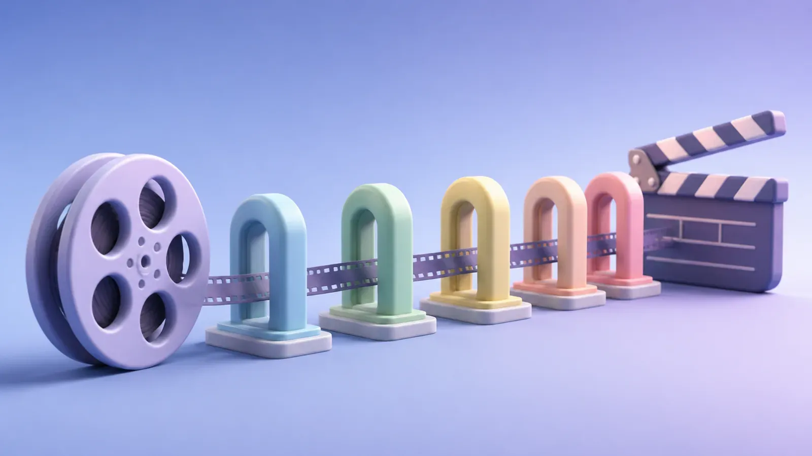 Pastel film reel passing through five production gates toward a clapperboard.