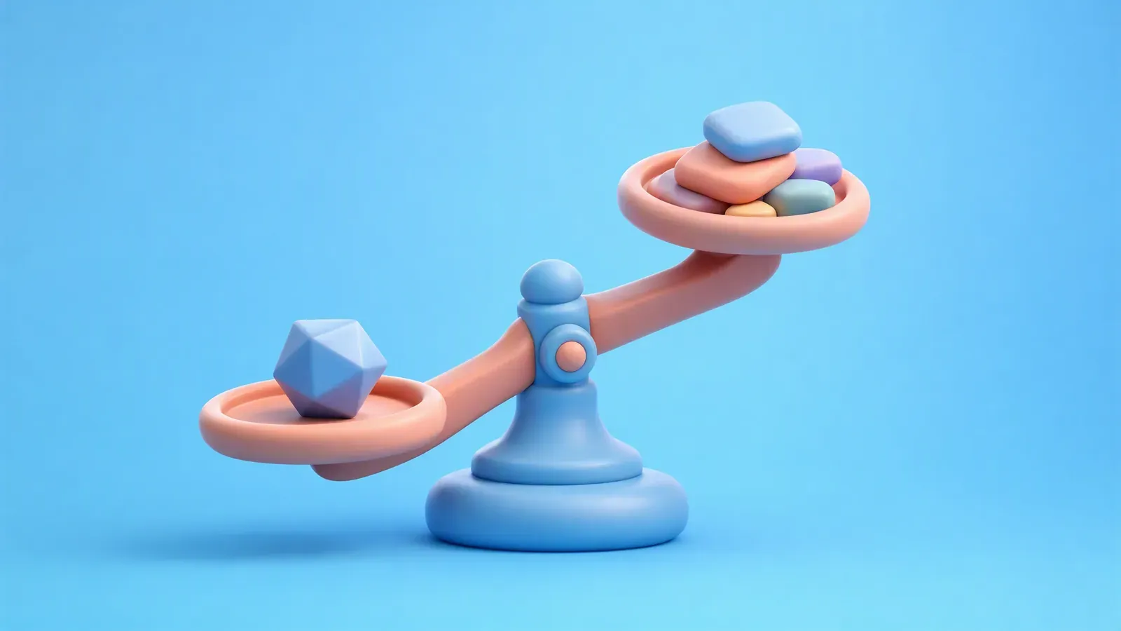 A rounded balance scale weighing one precise faceted geometric solid against a loose stack of rounded tiles, representing exact control versus creative volume