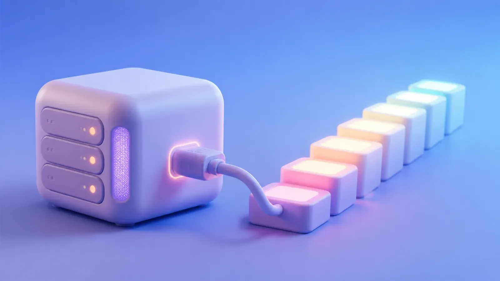 Soft 3D creative server connected to a sequence of verified workflow stages