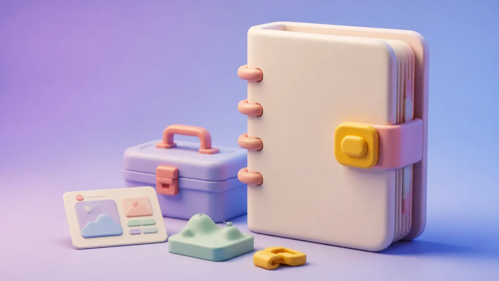Soft 3D skill binder and creative toolbox representing a reusable Claude production workflow