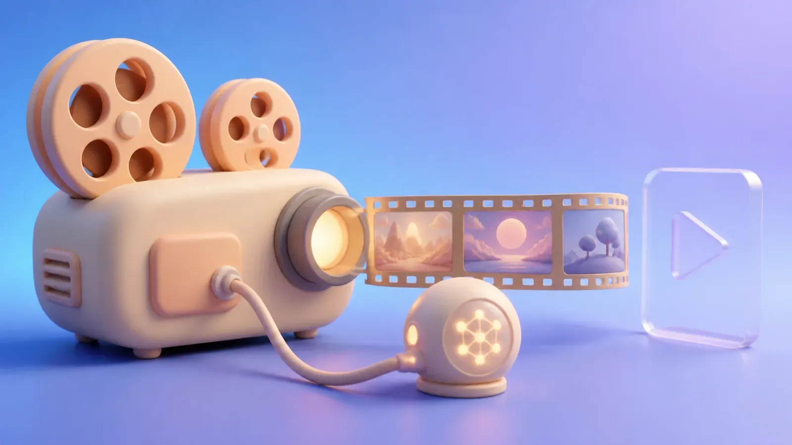 A soft 3D film projector connected to a reasoning orb renders a three-frame video strip