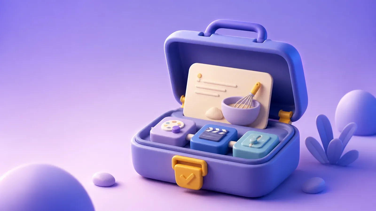 Soft 3D illustration of an open toolkit case holding a recipe card and creative tool tiles, representing a Codex skill packaged with its connected tools