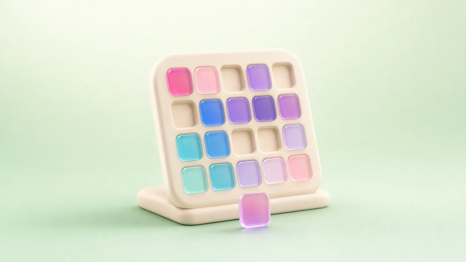 Soft 3D clay planning board with coloured tiles slotted into some rows and several slots left empty
