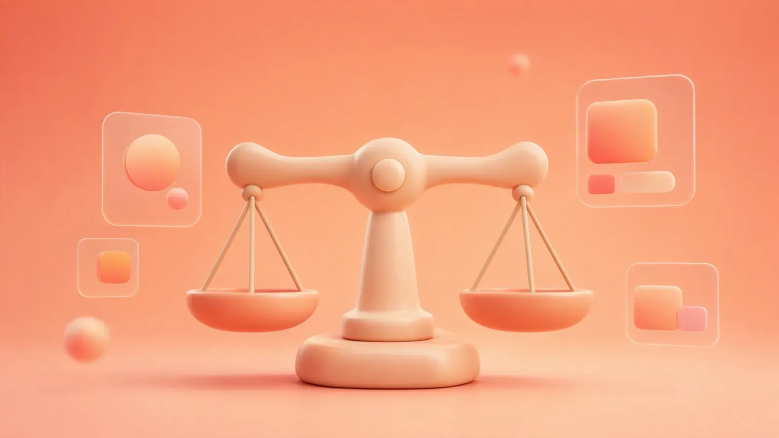A chunky clay-plastic balance scale on a coral pastel gradient, representing weighing a content creation agency against a self-serve AI creative workflow.