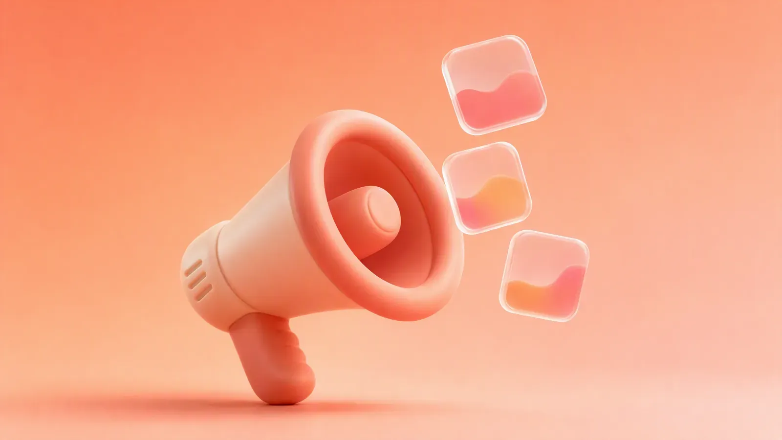 A chunky clay-plastic megaphone with three frosted glass tiles floating in front of it against a coral pastel gradient, representing content creation tools for social media